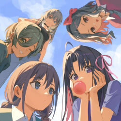5girls :/ :p absurdres ahoge awa_subaru black_choker black_hair black_hairband black_tank_top blowing_bubble_gum blue_eyes blue_pants blue_shirt blue_sky bow bow_hairband brown_eyes chinese_commentary choker closed_mouth collared_shirt commentary_request day denim dododo_(fightingdodo) ebizuka_tomo from_below girls_band_cry green_necktie grey_hair grin hair_between_eyes hair_bow hair_ribbon hairband hands_on_own_cheeks hands_on_own_face highres iseri_nina jeans kawaragi_momoka light_blush long_hair looking_at_another looking_at_viewer loose_necktie low_twintails mole mole_under_eye multiple_girls necktie one_eye_closed outdoors pants pink_bow pink_ribbon pink_shirt purple_eyes ribbon rupa_(girls_band_cry) shirt short_hair short_sleeves sky smile tank_top tongue tongue_out twintails