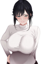 1girl absurdres black_hair breasts commentary english_commentary green_eyes grin hand_on_own_hip highres indy_k large_breasts looking_at_viewer mole mole_under_mouth original ribbed_sweater short_hair simple_background smile solo sweater turtleneck turtleneck_sweater upper_body white_background white_sweater
