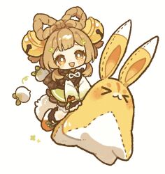 Rule 34 | 1girl, :d, bell, blush stickers, bow-shaped hair, bright pupils, brown capelet, brown eyes, brown hair, capelet, chibi, chibi only, commentary, dress, genshin impact, green dress, hair bell, hair ornament, harukui, jingle bell, long sleeves, looking at viewer, open mouth, radish, red shoes, shoes, short hair, simple background, smile, white background, white pupils, yaoyao (genshin impact), yuegui (genshin impact)