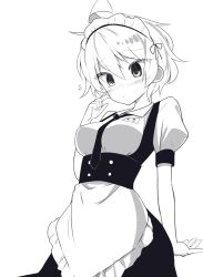 1girl bad_link blush breasts closed_mouth damao_(kiwa777) large_breasts maid maid_headdress monochrome original scratching_cheek simple_background source_request tagme white_background white_hair