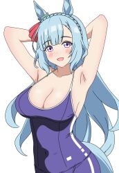 Rule 34 | absurdres, animal ears, armpits, arms behind head, blue hair, bow, braid, breasts, cleavage, commentary, crown braid, ear ornament, ear ribbon, highres, horse ears, horse girl, horse tail, large breasts, looking at viewer, mejiro ardan (umamusume), open mouth, pinwheel hair ornament, purin draw, purple eyes, smile, swimsuit, tail, tracen swimsuit, tracen training uniform, umamusume, umamusume: cinderella gray