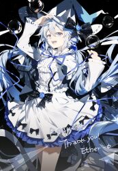 1girl :d absurdres animal_ears arm_up black_bow black_cape blue_eyes blue_hair blue_hat blue_ribbon bow bow_skirt cape cat_ears center_frills commission cowboy_shot frills hair_between_eyes hair_bobbles hair_ornament hat hat_bow highres jar long_hair long_sleeves looking_at_viewer low_twintails maboroshi_(freeze000) neck_ribbon open_mouth original ribbon shirt skirt smile solo teeth thank_you twintails upper_teeth_only vertical-striped_cape very_long_hair white_shirt white_skirt witch_hat