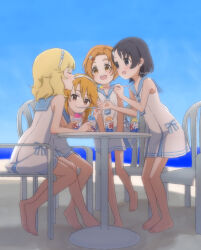 4girls alternate_costume bare_legs barefoot black_hair blonde_hair blush dress feeding food highres idolmaster idolmaster_cinderella_girls looking_at_another megabee_e monobloc_(chair) multiple_girls orange_hair outdoors ryuzaki_kaoru sailor_dress sakurai_momoka sasaki_chie shaved_ice short_hair sitting sleeveless sleeveless_dress smile soles standing toes yuuki_haru