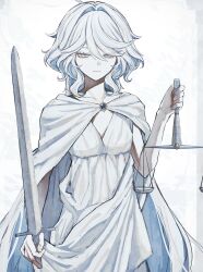 1girl absurdres ahoge alternate_costume balance_scale cape collarbone cowboy_shot dress furina_(genshin_impact) genshin_impact grey_eyes hair_intakes highres holding holding_scale holding_sword holding_weapon koumimi long_hair solo standing sword very_long_hair weapon weighing_scale white_cape white_dress white_hair