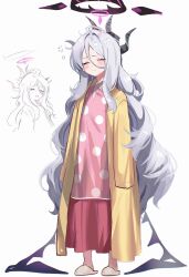 1girl ahoge black_halo blue_archive blush closed_eyes closed_mouth demon_girl demon_horns demon_wings full_body halo highres hina_(blue_archive) hina_(pajamas)_(blue_archive) horns jacket long_hair low_wings maru_ccy pajamas pink_pajamas polka_dot polka_dot_pajamas simple_background sleepy slippers solo standing white_background white_hair wings yellow_jacket