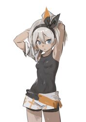 1girl absurdres arms_behind_head arms_up bea_(pokemon) bodysuit bodysuit_under_clothes breasts covered_navel cowboy_shot dark-skinned_female dark_skin grey_hair hair_ribbon hairband highres kucheat_zg looking_to_the_side lower_teeth_only nintendo open_mouth pokemon pokemon_swsh ribbon shorts small_breasts solo sweat teeth undressing white_background