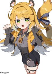 1girl absurdres animal_ear_fluff animal_ears blonde_hair gloves highres jacket jinggun ju_fufu long_hair multicolored_hair shirt shorts solo striped_fur striped_hair tail tiger_ears tiger_girl tiger_stripes zenless_zone_zero