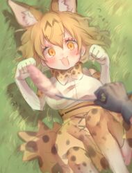 1girl :3 animal_ears bare_shoulders blonde_hair blush bow bowtie cat_ears cat_girl cat_tail cat_teaser disembodied_hand extra_ears frilled_skirt frills gloves gradient_gloves gradient_pantyhose grass hair_between_eyes high-waist_skirt highres kemono_friends lying on_back open_mouth pantyhose paw_pose print_bow print_bowtie print_gloves print_pantyhose print_skirt seki_mhsk serval_(kemono_friends) shirt short_hair sidelocks skirt sleeveless solo tail white_gloves white_pantyhose white_shirt yellow_eyes