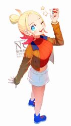Rule 34 | 1girl, ;d, blonde hair, blue eyes, blue shoes, brown jacket, commentary request, cropped shirt, eyelashes, full body, hair bun, hand up, happy, highres, holding, holding poke ball, jacket, looking at viewer, nintendo, one eye closed, open clothes, open jacket, open mouth, poke ball, poke ball (basic), pokemon, pokemon legends: z-a, ribbed shirt, shirt, shoes, shorts, smile, solo, standing, star (symbol), taunie (pokemon), teeth, tongue, twitter username, watermark, white background, woppero prpr