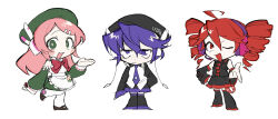 3girls aa_kabeuchi apron beret black_boots black_hat black_shirt black_skirt blush_stickers boots bow bowtie chibi closed_mouth commentary_request copyright_name dress drill_hair frown full_body green_eyes green_hat green_sleeves hat headset highres jitome kasane_teto kasane_teto_(utau) long_hair looking_at_viewer momone_momo multiple_girls one_eye_closed open_mouth pink_hair pleated_skirt red_bow red_bowtie red_hair shirt short_dress simple_background skirt sleeveless sleeveless_dress sleeveless_shirt sleeves_past_fingers sleeves_past_wrists smile standing standing_on_one_leg swept_bangs thigh_boots twin_drills utane_uta utau white_apron white_background white_shirt