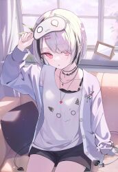 1girl arm_up asashin_(asn) asumi_sena asumi_sena_(5th_costume) black_choker black_hair black_shorts black_tail blush cardigan choker commentary couch cushion demon_tail fang grey_hair hair_ornament hairclip hashtag-only_commentary highres jewelry looking_at_viewer mask mask_on_head multicolored_hair multiple_tails necklace on_couch open_mouth picture_frame pink_eyes plant potted_plant shirt shorts sitting skin_fang sleep_mask solo streaked_hair t-shirt tail two-tone_hair virtual_youtuber vspo! white_shirt window