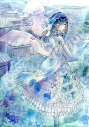 1girl architecture black_hair blue_bow blue_dress blue_eyes blue_flower blue_hair blue_theme blush bow building closed_mouth dress flower frilled_dress frilled_hairband frills hair_flower hair_ornament hairband highres hydrangea kimono_dress kyuui lolita_fashion lolita_hairband long_hair long_sleeves looking_at_viewer original outdoors painting_(medium) rain solo standing traditional_media watercolor_(medium) white_dress wide_sleeves