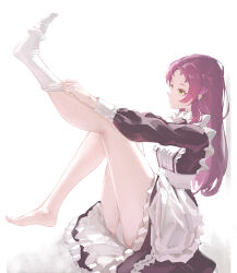 1girl absurdres adjusting_clothes adjusting_legwear aisha_greyrat alternate_hairstyle apron bare_legs barefoot black_dress breasts commentary_request dress dressing eyelashes frilled_apron frilled_dress frills from_side full_body green_eyes hair_down highres knee_up leg_up legs long_hair long_sleeves maid maid_apron mushoku_tensei no_shoes panties pantyshot purple_hair putting_on_legwear ronuma simple_background single_sock sitting small_breasts sock_pull socks solo thighs underwear white_apron white_background white_panties white_socks