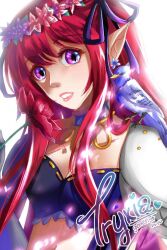 1girl animal animal_on_shoulder armor bandeau bird bird_on_shoulder black_bandeau blue_flower breasts commentary earrings english_commentary flower genetic_(ragnarok_online) hair_flower hair_ornament hair_ribbon head_wreath jewelry long_hair looking_at_viewer midriff navel parted_bangs parted_lips pauldrons pink_flower pkyu pointy_ears purple_eyes purple_ribbon ragnarok_online red_hair ribbon shoulder_armor signature simple_background solo teeth upper_body white_background