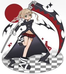 Rule 34 | 1girl, black coat, blonde hair, boots, coat, commentary, earrings, full body, gloves, green eyes, hair between eyes, highres, holding, holding scythe, jewelry, maka albarn, mitsutadaki, scythe, skirt, solo, soul eater, sparkle, standing, standing on one leg, twintails, white gloves