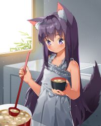animal_ears bowl child cooking dress food fox_ears fox_girl fox_tail highres kitchen long_hair looking_at_viewer original purple_eyes purple_hair smile soup soup_ladle tail window