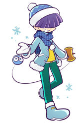 1boy blue_boots blue_coat blue_scarf boots coat dot_nose fukumitsu_(kirarirorustar) full_body fur-trimmed_coat fur_trim green_pants grin hair_over_eyes kendama male_focus mittens official_style pants puyo_(puyopuyo) puyopuyo puyopuyo_7 sasaki_maguro scarf shirt simple_background smile snowflakes solo white_background white_mittens yellow_shirt