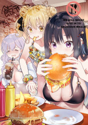 3girls bare_shoulders bikini black_bikini black_hair blonde_hair blush breasts brown_eyes burger cleavage closed_eyes collarbone commentary_request cup double_bun drinking ear_piercing eating english_text food frilled_bikini frills grey_hair hair_bun hair_ornament hairclip highres holding holding_cup holding_food indoors ketchup_bottle large_breasts long_hair mekimeki multicolored_bikini multiple_girls mustard_bottle o-ring o-ring_bikini open_mouth original piercing plate potato_wedges purple_eyes scrunchie short_hair star_(symbol) star_hair_ornament swimsuit upper_body v-shaped_eyebrows very_long_hair white_bikini wrist_scrunchie