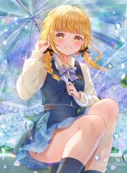 1girl absurdres bare_legs black_bow blonde_hair blue_overskirt blue_skirt blush bow bowtie braid commentary_request fingernails fujita_kotone gakuen_idolmaster hair_bow hatsuboshi_gakuen_school_uniform highres holding holding_umbrella idolmaster long_hair long_sleeves looking_at_viewer plaid_bow plaid_bowtie plaid_clothes school_uniform shirt signature sitting skirt smile solo transparent transparent_umbrella twin_braids umbrella umishima_rinta watermark white_shirt yellow_eyes