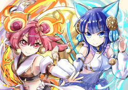 2girls animal_ears anmo_nomi bell bell_earrings breasts cat_ears cat_girl cat_tail covered_navel crop_top detached_sleeves duel_monster earrings fire food-themed_hair_ornament ha-re_the_sword_mikanko hair_ornament japanese_clothes jewelry medium_breasts midriff mouse_ears mouse_girl multiple_girls nail_polish navel ni-ni_the_mirror_mikanko nontraditional_miko red_eyes red_hair red_nails short_hair tail twintails yu-gi-oh!