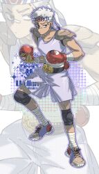 1boy bandages bandaid bandaid_on_face bandaid_on_nose belt boxing_gloves brown_eyes full_body gen_1_pokemon gloves hairband highres hitmonchan humanization looking_at_viewer male_focus nintendo pokemon pokemon_(creature) purple_shirt purple_shoes purple_shorts red_gloves shirt shoes shorts shoulder_pads simple_background solo standing tan white_background white_hair white_hairband wulie_errr