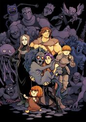 2girls 5boys animal armor barbarian black_boots black_robe boobplate boots breastplate brown_dress brown_hair cahara_(fear_&amp;_hunger) capelet cat_mask child commentary crow_mauler d&#039;arce_(fear_&amp;_hunger) dress english_commentary enki_(fear_&amp;_hunger) extra_eyes fear_&amp;_hunger_(series) fear_&amp;_hunger_1 fold-over_boots fur_capelet h0lyhandgrenade holding holding_animal knight long_hair looking_at_viewer mask monster moonless_(fear_&amp;_hunger) multiple_boys multiple_girls orange_hair pocketcat_(fear_&amp;_hunger) prison_guard_(fear_&amp;_hunger) purple_hair purple_mask ragnvaldr_(fear_&amp;_hunger) red_eyes red_hair robe scooby-doo short_hair the_girl_(fear_&amp;_hunger) thigh_boots yellow_eyes