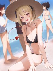1boy 3girls absurdres arm_support armpit_crease beach bikini black_bikini blonde_hair blurry blurry_background blush breasts character_request cleavage commentary_request commission copyright_request cowboy_shot depth_of_field double-parted_bangs dutch_angle film_grain hat highres large_breasts leaning_to_the_side lipstick_mark lipstick_mark_on_shoulder looking_at_viewer male_swimwear medium_hair mukana_meme multicolored_hair multiple_girls navel no_pants ocean open_mouth purple_eyes purple_hair sand shirt side-tie_bikini_bottom sidelocks sitting skeb_commission smile solo_focus standing stomach stomach_tattoo streaked_hair sun_hat swimsuit t-shirt tattoo teeth triangle_mouth two_side_up upper_teeth_only virtual_youtuber walking white_hat white_shirt