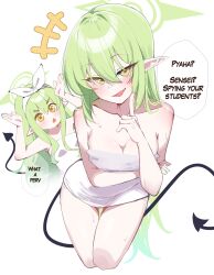 2girls absurdres aged_up alternate_breast_size alternate_costume black_tail blue_archive commentary demon_tail english_commentary english_text fang gen_(unzzenasd) green_hair green_halo halo highres hikari_(blue_archive) multiple_girls naked_towel nozomi_(blue_archive) pointy_ears siblings sisters skin_fang speech_bubble tail towel twins