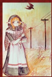 absurdres apron bird blunt_bangs blunt_ends border borrowed_character colored_lineart crimescenepartz cross dress elf feet_out_of_frame floral_print_headwear flower flower_request freckles frilled_apron frilled_dress frilled_sleeves frills grey_dress grey_headscarf headscarf highres holding holding_flower holding_wheat long_dress looking_at_viewer netochka nose orange_hair original painting_(medium) plant_request pointy_ears red_border rosary sad standing traditional_media utility_pole wheat_field white_apron wind