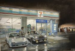 2boys 7-eleven absurdres black_hair brown_jacket car fujiwara_takumi fujiwara_takumi&#039;s_toyota_trueno_ae86 glowing gouache_(medium) highres initial_d jacket looking_to_the_side mazda mazda_rx-7 mazda_rx-7_fc motor_vehicle multiple_boys night night_sky painting_(medium) reflection roooon scenery sitting sky sports_car takahashi_ryousuke toyota toyota_sprinter_trueno traditional_media vehicle_focus vending_machine water watercolor_(medium)