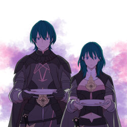 1boy 1girl armor black_armor blue_eyes blue_hair cape dagger empty_plate female_byleth_(fire_emblem) fire_emblem fire_emblem:_three_houses knife male_byleth_(fire_emblem) nintendo ouzisamafe sad smoke teacher weapon