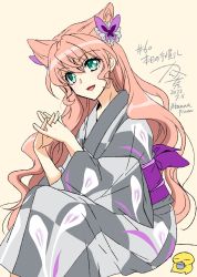 1girl 2022 blush butterfly_hair_ornament dated green_eyes hair_between_eyes hair_ears hair_ornament highres japanese_clothes kanna_(plum) kimono long_hair looking_at_viewer maria_cadenzavna_eve numbered open_mouth painttool_sai_(medium) pink_hair senki_zesshou_symphogear shiny_skin simple_background smile solo twitter_username yukata