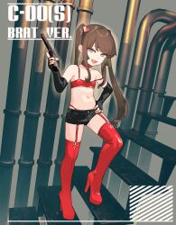 1girl black_gloves black_shorts blue_eyes boots brown_hair chikuwa_fan973 collarbone denim denim_shorts elbow_gloves fang fingerless_gloves full_body garter_straps gloves gun hair_ornament hand_on_own_hip handgun heart heart_hair_ornament high_heel_boots high_heels highres holding holding_gun holding_weapon long_hair looking_at_viewer navel open_mouth original red_boots short_shorts shorts skin_fang smile smug solo thigh_boots weapon