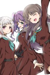 3girls :d ^_^ amatume111 aqua_neckerchief arm_up backlighting black_choker blush bob_cut brown_dress brown_hair choker closed_eyes commentary_request cowboy_shot diagonal_bangs dress flower fujishima_megumi green_eyes grey_hair hair_flower hair_ornament hasu_no_sora_school_uniform highres inverted_bob link!_like!_love_live! long_hair long_sleeves love_live! medium_dress multicolored_hair multiple_girls neckerchief o-ring o-ring_choker open_mouth otomune_kozue pleated_dress profile purple_hair red_eyes red_flower red_hair sailor_collar school_uniform short_hair side_ponytail simple_background smile standing star_(symbol) star_hair_ornament streaked_hair tassel tassel_hair_ornament two_side_up virtual_graduation_commemoration virtual_youtuber white_background white_sailor_collar winter_uniform yugiri_tsuzuri
