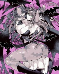 1girl animal_print ass bat_(animal) bat_background bat_print bat_wings boots breasts capcom cleavage clothing_cutout commentary demon_girl fang head_wings heart_cutout high_heel_boots high_heels highres large_breasts leotard long_hair looking_at_viewer looking_back low_wings monochrome morrigan_aensland pantyhose print_pantyhose sitting solo takatsuki_ichi darkstalkers wings