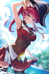 Rule 34 | 1girl, :p, absurdres, arm up, armpits, ascot, bicorne, black hat, black thighhighs, breasts, brooch, cheez3shake, cloud, covered navel, cropped jacket, cumulonimbus cloud, day, frilled shirt collar, frills, gloves, gold trim, hair ribbon, hat, heterochromia, highres, hololive, houshou marine, houshou marine (1st costume), jacket, jewelry, lace, lace-trimmed legwear, lace trim, large breasts, leather belt, leotard, leotard under clothes, long hair, looking at viewer, miniskirt, open mouth, outdoors, pirate hat, pleated skirt, red ascot, red eyes, red hair, red jacket, red ribbon, red skirt, ribbon, see-through cleavage, see-through clothes, see-through leotard, skirt, skirt hold, sleeveless, sleeveless jacket, solo, thighhighs, tongue, tongue out, twintails, virtual youtuber, wading, white gloves, yellow eyes