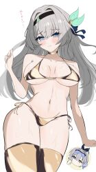 2girls bikini black_hairband blush bracelet breasts drill_hair firefly_(honkai:_star_rail) goggles goggles_on_head gold_bracelet gold_thighhighs grey_hair hair_ornament hairband highres honkai:_star_rail honkai_(series) jewelry large_breasts long_hair multicolored_eyes multiple_girls navel nuuuukoame side-tie_bikini_bottom silver_wolf_(honkai:_star_rail) simple_background stomach sweat swimsuit thighs thumbs_up two-tone_eyes white_background