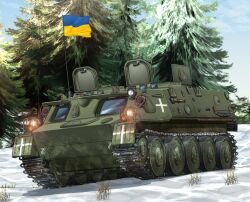 armored_personnel_carrier armored_vehicle caterpillar_tracks commentary_request day flag flag_on_vehicle grass mikeran_(mikelan) military_vehicle motor_vehicle no_humans open_hatch original outdoors pine_tree snow tree ukraine ukrainian_flag ukrainian_ground_forces vehicle_focus