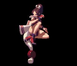 animated animated_gif bare_legs breasts brown_hair cleavage hand_fan high_ponytail japanese_clothes kicking king_of_fighters_xiii large_breasts long_hair lowres midair ninja no_bra pelvic_curtain pixel_art ponytail revealing_clothes shiranui_mai sideboob tabi the_king_of_fighters the_king_of_fighters_xiii
