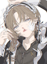 1boy arm_up ayame_(3103942) black_dress blood braid brown_hair cigarette collared_dress crossdressing dirty dirty_face dress ear_piercing earrings grey_hair hair_ribbon highres holding holding_cigarette jewelry kanae_(20th_costume)_(nijisanji) kanae_(nijisanji) long_sleeves maid maid_headdress male_focus male_maid medium_hair multicolored_hair necklace nijisanji nosebleed official_alternate_costume piercing ribbon simple_background single_braid sleeve_cuffs solo streaked_hair tongue tongue_out two-tone_hair upper_body virtual_youtuber white_background