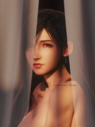 1girl 3d artist_name bare_shoulders black_hair closed_mouth collarbone curtains earrings final_fantasy final_fantasy_vii final_fantasy_vii_remake highres jewelry lips looking_at_viewer nude portrait red_eyes red_lips ria-neearts single_earring solo square_enix swept_bangs teardrop_earring tifa_lockhart upper_body