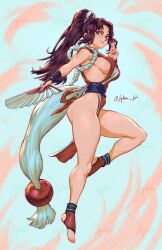 1girl agitato arm_guards ass bare_legs bare_shoulders black_hair breasts closed_mouth crossover curvy falling_petals fatal_fury female_focus folded_fan folding_fan from_side full_body bad_tag bad_tag hand_fan high_ponytail highres holding holding_fan japanese_clothes jumping kuji-in large_breasts long_hair looking_at_viewer ninja no_bra pelvic_curtain petals ponytail revealing_clothes rope shiny_skin shiranui_mai sideboob sidelocks snk solo street_fighter street_fighter_6 the_king_of_fighters thick_thighs thighs toeless_footwear toes