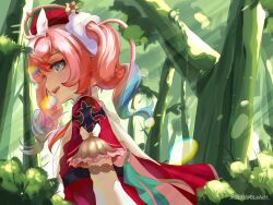 1girl aqua_eyes aqua_hair bleach_(182716350) dress forest from_side hat honkai:_star_rail honkai_(series) hyacine_(honkai:_star_rail) medium_hair miyoushe_watermark multicolored_hair nature open_mouth outdoors pink_hair red_dress red_hat solo teeth tree twintails two-tone_hair upper_body upper_teeth_only watermark