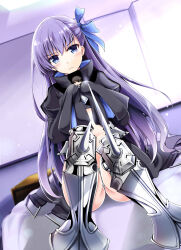 Rule 34 | 1boy, 1girl, absurdres, armor, armored boots, bed, black coat, blue eyes, blue ribbon, blush, boots, chibi, coat, commentary request, crotch plate, fate/grand order, fate (series), frown, fujimaru ritsuka (male), hair ribbon, highres, juliet sleeves, kiki (koikuchikinako), long hair, long sleeves, looking at viewer, meltryllis (fate), prosthesis, prosthetic leg, puffy sleeves, purple hair, revision, ribbon, sitting, sleeves past wrists, spikes, thong, very long hair