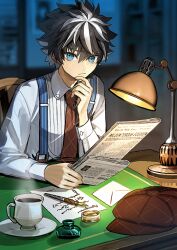 1boy black_hair blue_background blue_eyes blurry blurry_background brown_hat brown_necktie newsboy_cap chair charlemagne_(disguise_costume)_(fate) charlemagne_(fate) closed_mouth collared_shirt cup desk desk_lamp drink envelope fate/grand_order fate_(series) frown game_cg hair_between_eyes hand_on_own_chin hand_rest hand_up hat holding holding_newspaper indoors inkwell lamp long_sleeves male_focus multicolored_hair necktie newspaper nib_pen_(object) official_art paper pen saucer shirt sitting sleeve_cuffs solo spiked_hair steam streaked_hair suspenders thinking third-party_source two-tone_hair unworn_hat unworn_headwear upper_body wada_arco white_hair white_shirt wing_collar