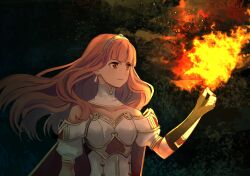 1girl armor breastplate cape celica_(fire_emblem) choker commission commissioner_upload earrings fingerless_gloves fire fire_emblem fire_emblem_echoes:_shadows_of_valentia gloves jewelry long_hair nintendo princess red_eyes red_hair shoochiku_bai skeb_commission snapping_fingers tiara