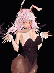 1girl absurdres animal_ears bare_shoulders black_choker black_pantyhose blush breasts choker cleavage collarbone double_w frilled_cuffs hair_between_eyes hand_up highleg highleg_leotard highres huge_breasts leotard long_hair messy_hair pantyhose parted_lips playboy_bunny po_(anhk5528) rabbit_ears rabbit_girl rabbit_tail red_eyes reisen_udongein_inaba solo strapless strapless_leotard tail touhou w white_hair wrist_cuffs