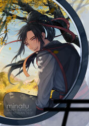 Rule 34 | 1boy, :d, ahoge, artist name, black hair, black hanfu, blue sky, blurry, branch, character name, chinese clothes, commentary, dated, day, english commentary, eyelashes, falling leaves, floating hair, from behind, hair ribbon, hanfu, happy birthday, in tree, leaf, long hair, long sleeves, looking at viewer, looking back, male focus, minataka94, modao zushi, open mouth, outdoors, pants, ponytail, purple eyes, red ribbon, ribbon, robe, round window, sidelocks, sitting, sky, smile, solo, tree, tunic, watermark, wei wuxian, wind, window