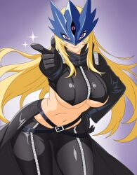 beelstarmon blonde_hair breasts digimon digimon_(creature) gloves large_breasts leather leather_gloves leather_pants leather_suit mask navel pants smile third_eye