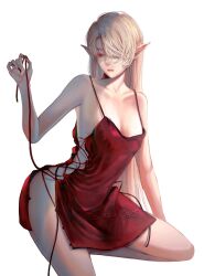 1girl areola_slip arm_at_side artist_name asymmetrical_bangs black_nails blonde_hair breasts closed_mouth collarbone commentary cross-laced_clothes cross-laced_dress cross-laced_slit dress elf english_commentary evening_gown foot_out_of_frame hair_over_one_eye hand_up highres long_bangs long_hair medium_breasts nail_polish no_bra no_panties nzkn one_eye_covered original pointy_ears red_dress red_eyes red_lips revealing_clothes side-tie_dress sideless_dress sideless_outfit sidelocks simple_background sitting sleeveless sleeveless_dress undressing untying very_long_hair watermark white_background
